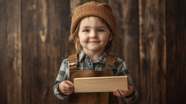 Kleines M&auml;dchen mit gelber M&uuml;tze und Latzhose vor Holz-Hintergrund &ndash; Portr&auml;t im Vintage-Stil. K&uuml;nstliche Intelligenz KI