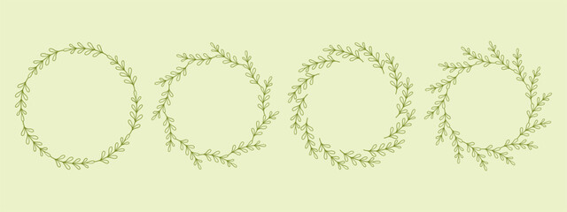 Simple flower circle frame set. Hand drawn green round line border, leaves and flowers, wedding invitation and cards, logo design and posters template. Elegant minimal style floral isolated set
