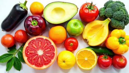 Naklejka premium Variety of organic fruits and vegetables isolated on white, white background, sustainable