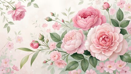 Blooming Roses: A stunning illustration of delicate pink roses, showcasing soft petals and lush green leaves, evoking a sense of beauty and natural elegance. 