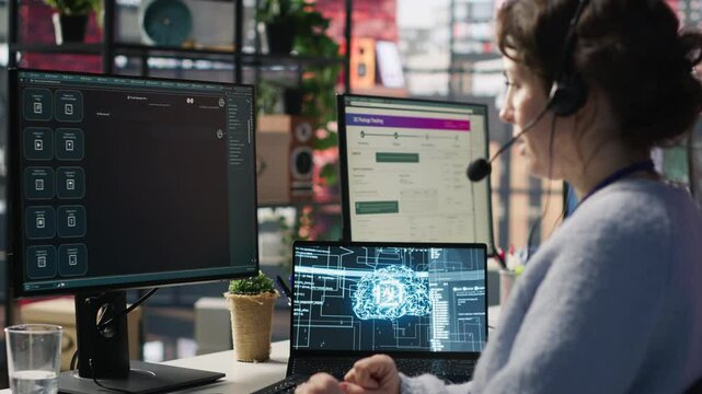 Worker providing live chat support, typing on keyboard, using AI chatbot to handle clients complaints. Call center agent dealing with unsatisfied customers using artificial intelligence LLM, camera A