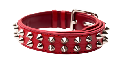 Close up of a red leather dog collar with silver spikes on it