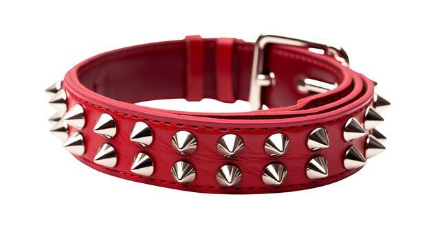 Close up of a red leather dog collar with silver spikes on it