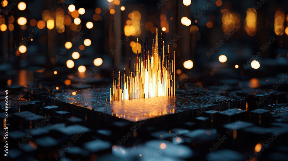 Poster glowing futuristic microchip with golden data streams, symbolizing advanced technology and innovatio