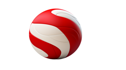 Close up of a red and white volleyball on a black background