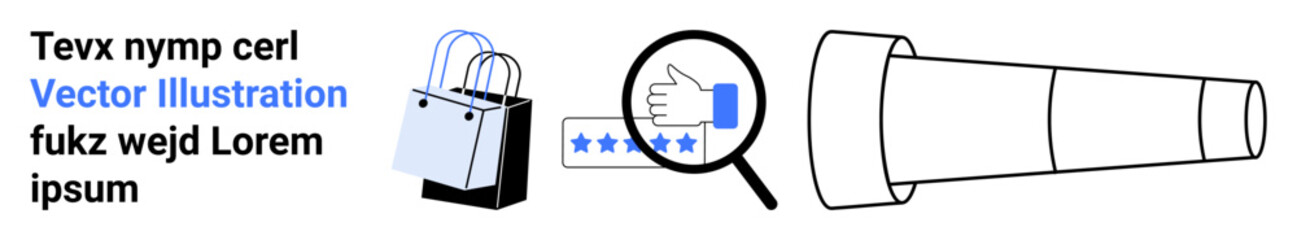 Shopping bag, magnifying glass over five-star rating with thumbs up, and telescope symbolizing customer satisfaction, quality assurance, e-commerce, online reviews. Ideal for branding, marketing