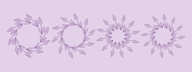 Simple flower circle frame set. Hand drawn purple round line border, leaves and flowers, wedding invitation and cards, logo design and posters template. Elegant minimal style floral isolated set