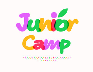 Vector Festive flyer Junior Camp. Funny Watercolor Font. Cool set of Bright Alphabet Letters and Numbers.