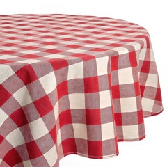A classic red and white checkered tablecloth draped over a round table, perfect for picnics and gatherings, creating a warm and inviting atmosphere.