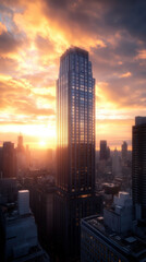 Obraz premium Sunset over city skyline with tall skyscraper reflecting vibrant sky