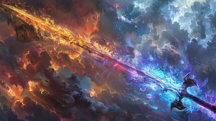 A vibrant cosmic scene featuring a fiery sword piercing through swirling clouds of orange, blue, and purple hues