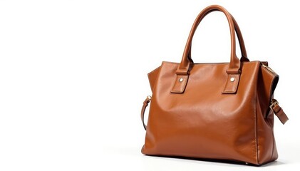 Brown leather tote bag, isolated on white background , satchel, close up