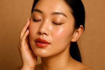 Realistic Close-Up of Serene Asian Woman with Dewy Skin and Coral Lips, Natural Makeup and Soft Blush, Eyes Closed, Touching Her Face Against a Neutral Beige Studio Background