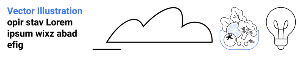 Cloud outline, leafy plant with details, light bulb symbolizing ideas and eco-consciousness. Ideal for technology, sustainability, nature, creativity, education, innovation and simple landing page