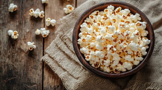 Bowl of freshly popped popcorn on a rustic wooden table, emphasizing crunchy snack time and movie nights