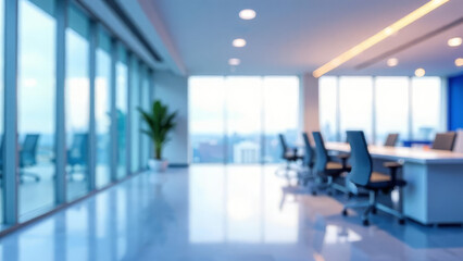 Corporate office with premium interior. Glass-walled meeting rooms, modern decor and stunning cityscape in background. Blurred unfocused banner for work theme.