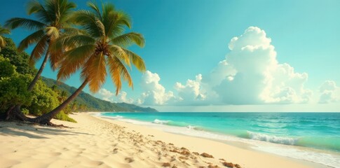 Warm sandy shore with vintage palm trees and a distant film- distressed ocean horizon , beach, distressed