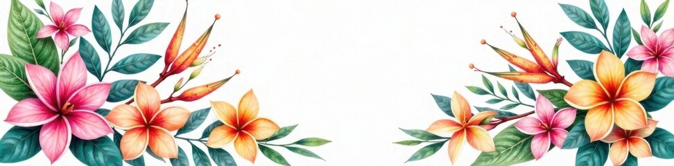 Watercolor floral arrangement with exotic flowers and foliage, bees, greenery