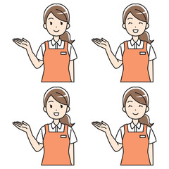 笑顔で案内するエプロン姿の女性のイラスト