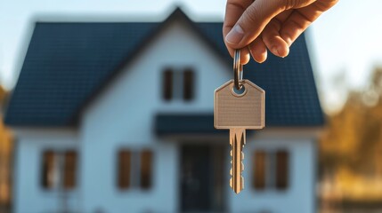 Hand Holding House Key with Modern Home in Background, Symbolizing New Beginnings and Home Ownership Opportunities