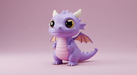 Adorable lavender dragon with big eyes stands on a light pink surface in a charming 3D render.