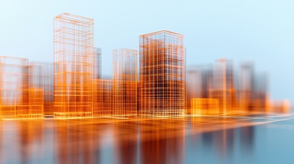 Obraz premium Abstract Urban Cityscape in Orange and Blue with Blurred Lines and Geometric Shapes of Skyscrapers