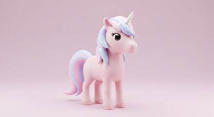 Fototapeta premium A cute pastel pink unicorn with a sparkling mane and tail stands on a matching pink background.