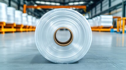 Transparent Plastic Roll in Industrial Warehouse for Packaging and Manufacturing Solutions