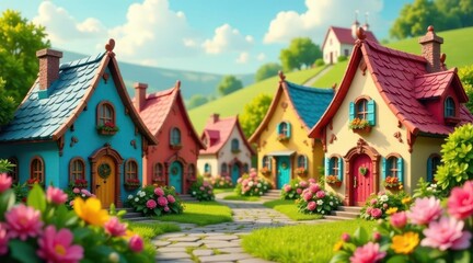 Enchanted Village Colorful Cottage Homes on a Sunny Hillside Path