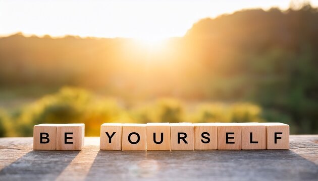 自分らしくを意味する英語のキャッチコピー、BE YOURSELFの文字が書かれたキューブブロック。背景は太陽の光と自然。 aiで生成
