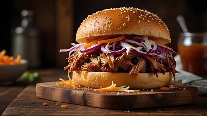 Juicy pulled pork sandwich on brioche bun with coleslaw, barbecue sauce drips down, served on wooden board. Delicious BBQ meal, street food. Perfect for lunch, dinner.