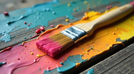 Fototapeta premium A vibrant paintbrush rests on a wooden surface, surrounded by colorful, textured paint strokes and splatters, creating an artistic scene of creative expression and process.