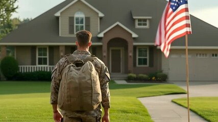A soldier carrying duffel bags walks towards a house, with an American flag in the foreground, symbolizing reunion, patriotism, and the joy of homecoming. - Powered by Adobe