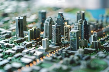Exploring a Miniature Metropolis: Detailed Model Cityscape Showcase, Architectural Wonders and Urban Design Elements,  Illuminated Night Scene with Tiny Buildings and Roads, a Compact City Simulation.