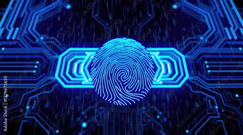 Poster illuminated fingerprint displayed over a digital circuit background