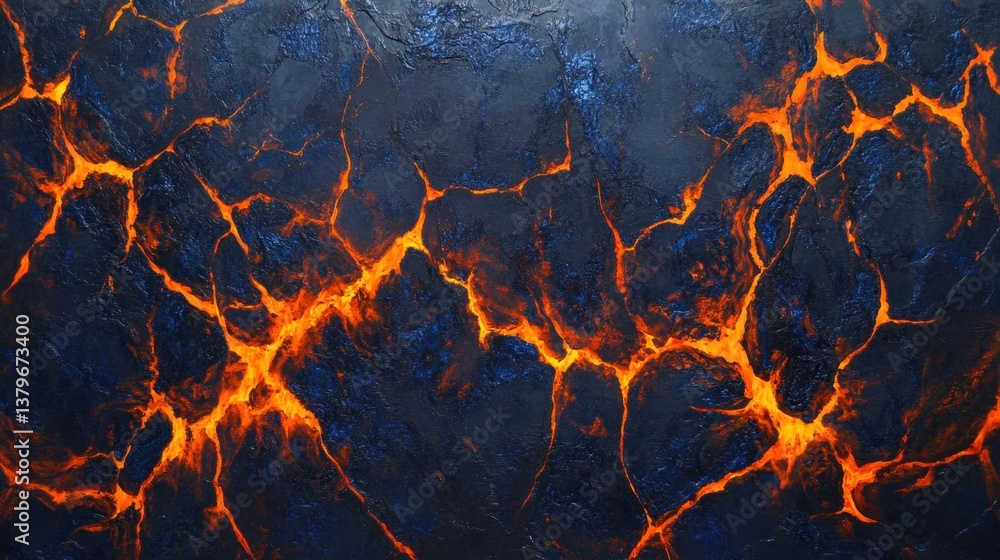 Poster a cracked surface glows with fiery orange and deep blue light, creating a mesmerizing abstract patte