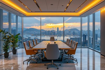Fototapeta premium A Modern Boardroom Offers Stunning Panoramic Cityscape Views at Dusk