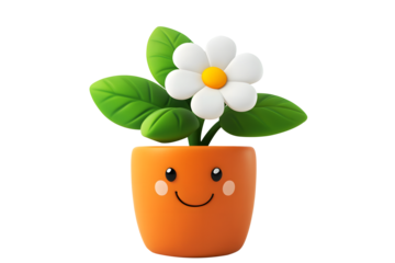 Adorable 3D Cute Smiling Flower Pot with White Daisy – Stock Illustration on transparent background