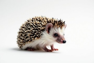 Obraz premium Tiny hedgehog, curled in defense, on pure white background, dark, nature photography