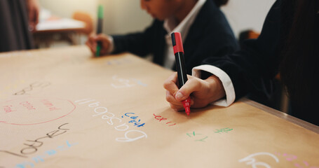 Hands, kids and writing in class for learning, spelling language or english education in Japan....