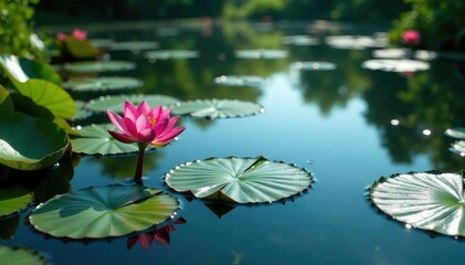 Fototapeta premium Water lilies and other flora create a repeating pattern on still lake, water, organic