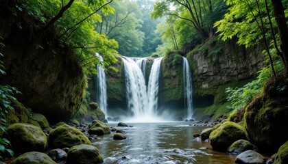 Fototapeta premium The majestic tropical rainforest, with lush greenery and vibrant wildlife, stands tall against the tranquil cliff