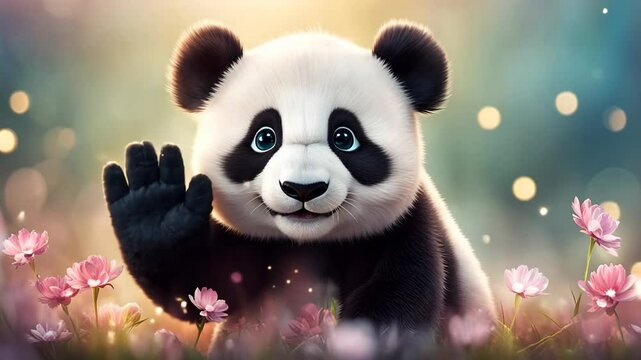 Cute baby panda waving paw on green grass
