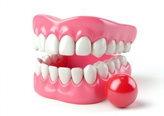Examining Dentures and Red Ball on a White Surface for Dentistry