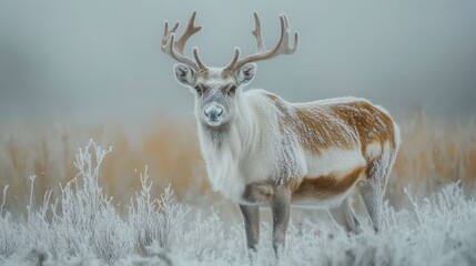 Caribou Trekking Frozen Tundra. Generative AI