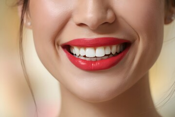 Close Up Of Smiling Woman`s Mouth With Red Lipstick Makeup On Plump Full Lips And Healthy White Teeth.