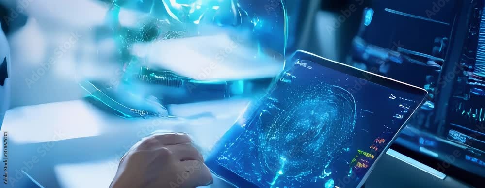 Poster close up of scientist hand analyzing complex futuristic data visualization on a tablet, transitionin