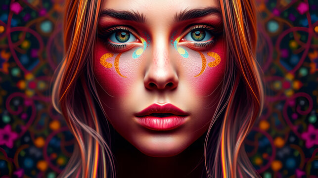 psychedelic woman full face colorful portrait. Neural network generated in May 2023. Not based on any actual scene or pattern. - Powered by Adobe