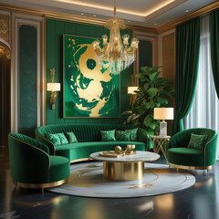 Grand Art Deco Inspired Green Living Room with Gold Accents