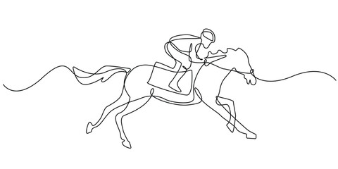 Horse Racing Continuous Line Art, Isolated on White
